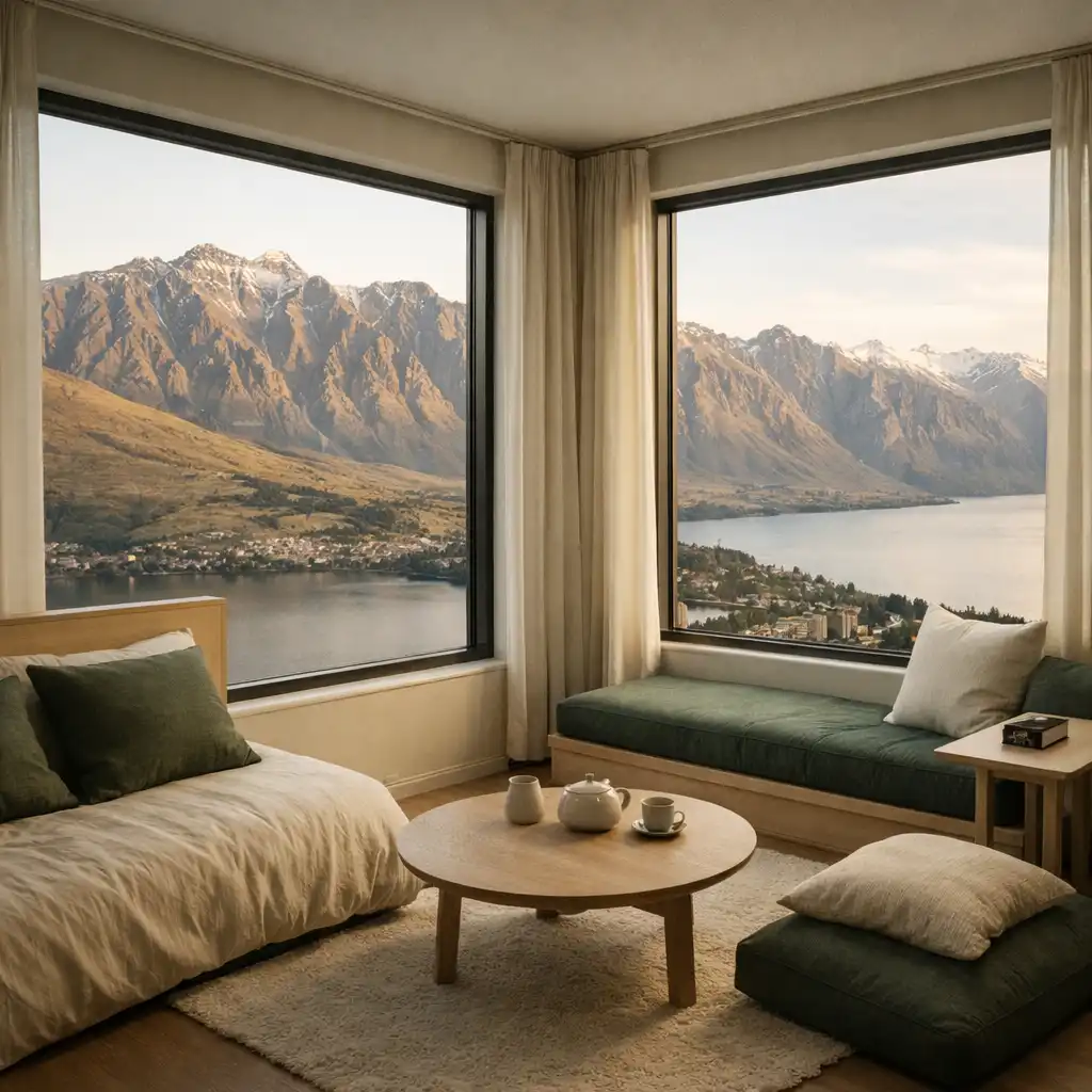 A corner room with large windows framing the Remarkables mountain range.