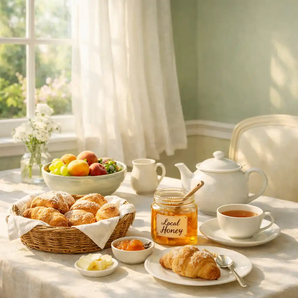 A bright breakfast table with pastries, honey, fruit, and tea in soft morning light