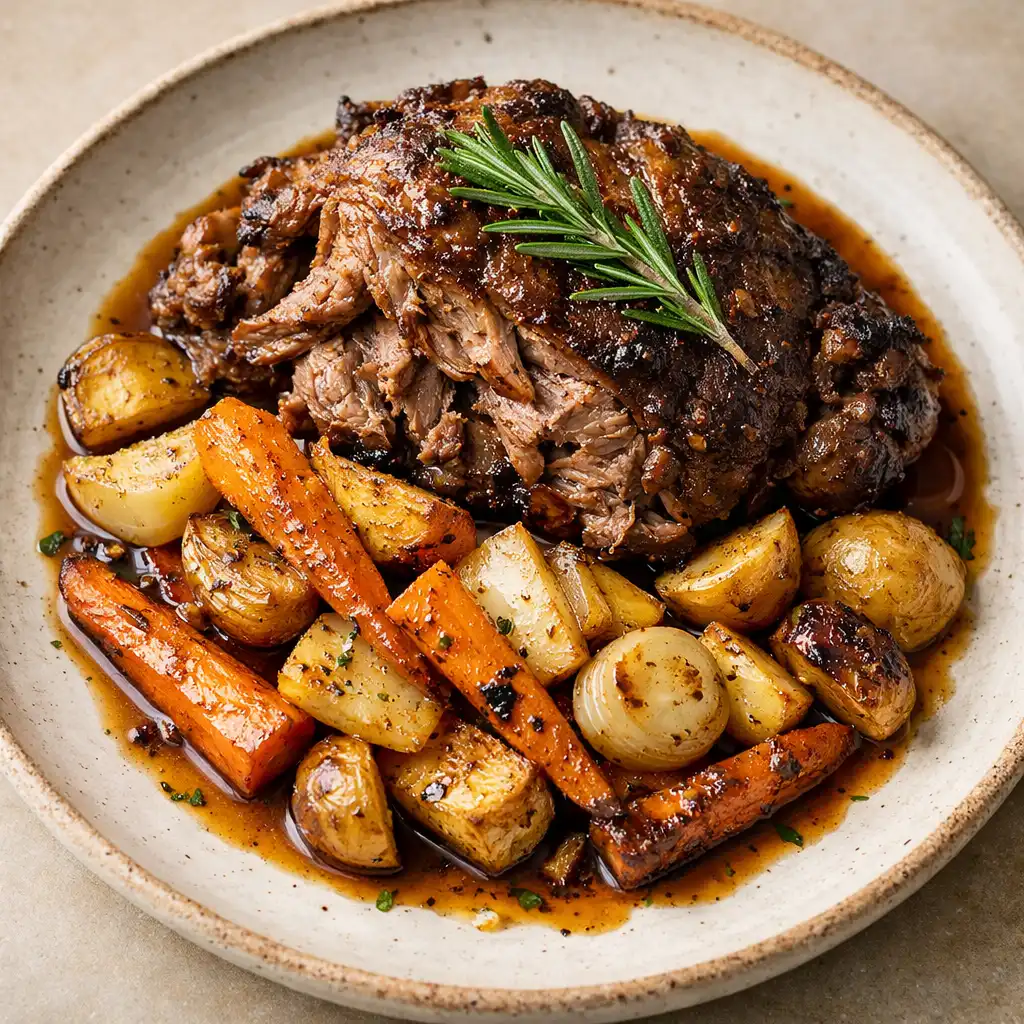 Beautifully plated dish of slow-cooked lamb shoulder with roasted root vegetables