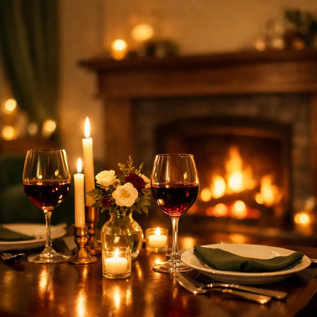 An intimate evening table for two with candles, wine glasses, and a glowing fireplace