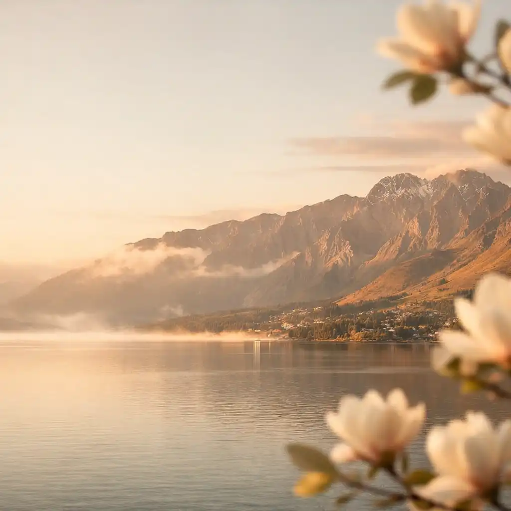 Golden hour light over Lake Wakatipu and the Remarkables with soft magnolia blossoms in the foreground