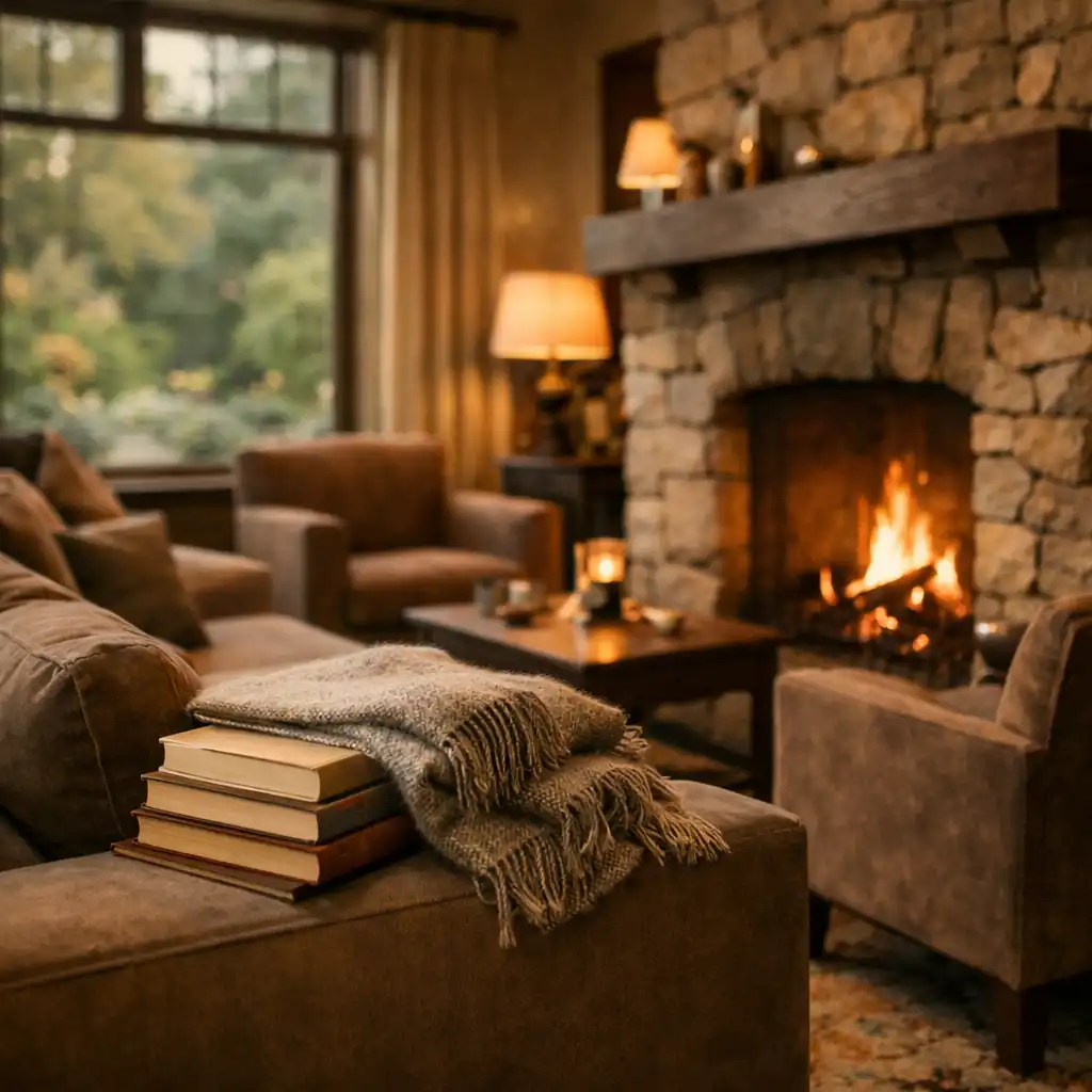 A deep sofa and armchairs arranged around a stone fireplace, with a stack of books and a woollen throw.