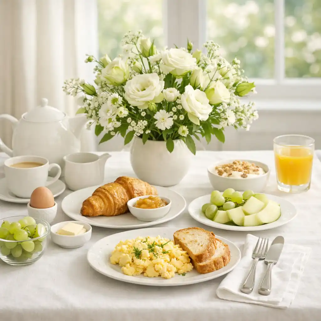 Dining table set for breakfast with ceramic plates and a vase of fresh flowers