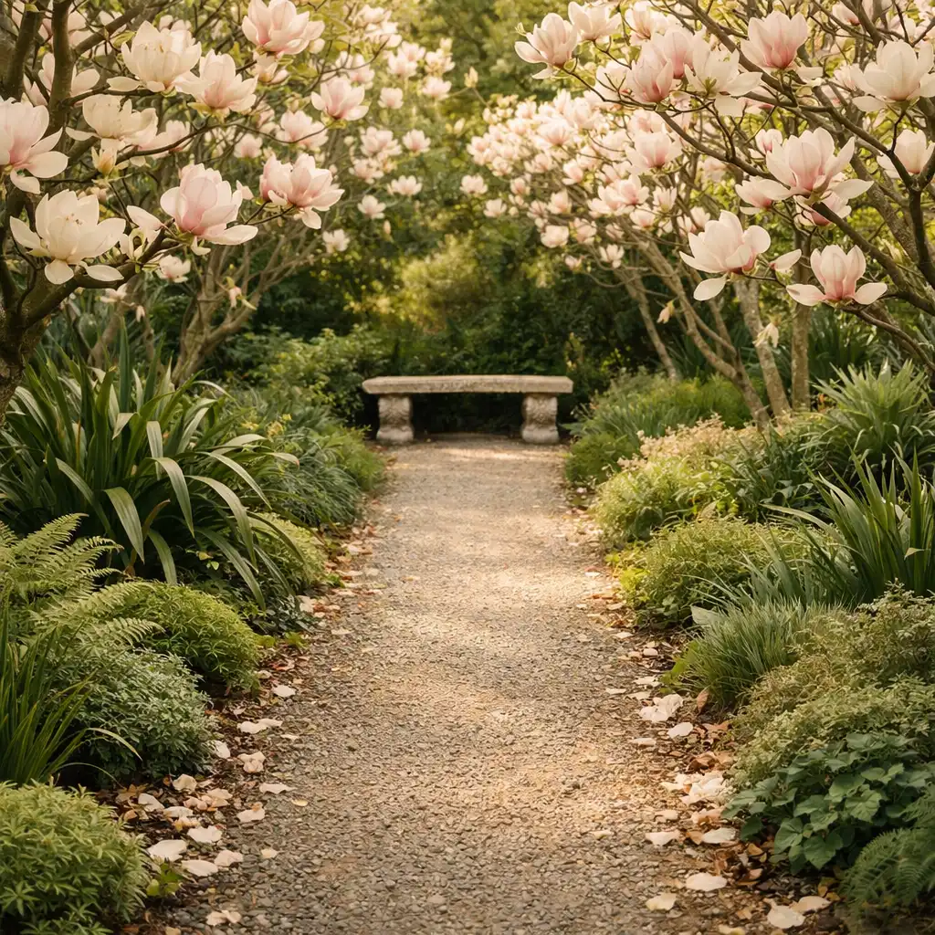 Garden path lined with magnolia trees in bloom leading to a stone bench