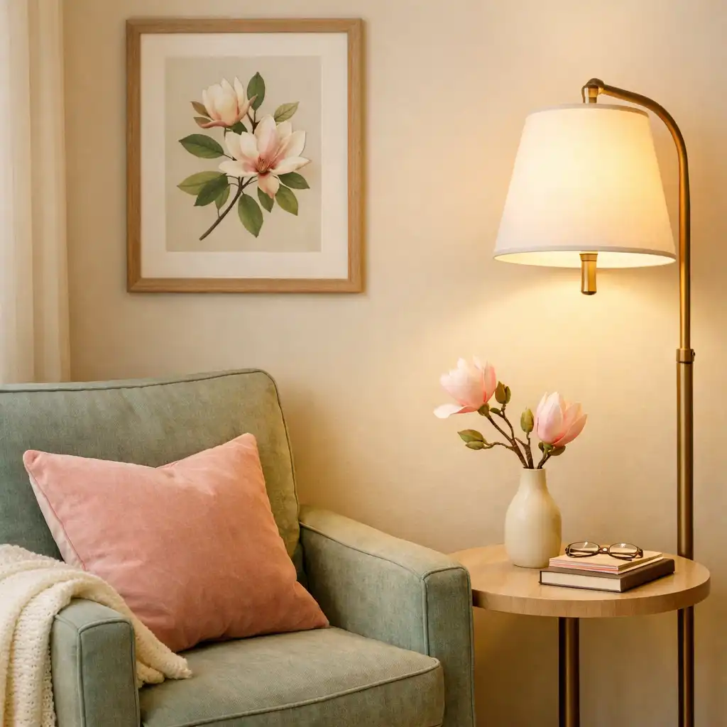 Hotel room corner with a reading nook, armchair, floor lamp, and magnolia in a vase