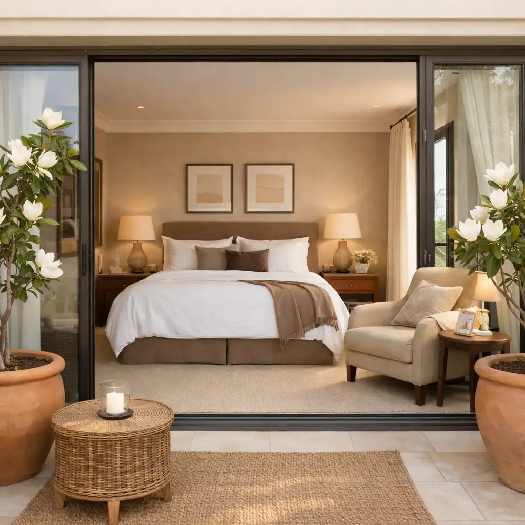A spacious king room opening onto a private terrace with potted magnolias.