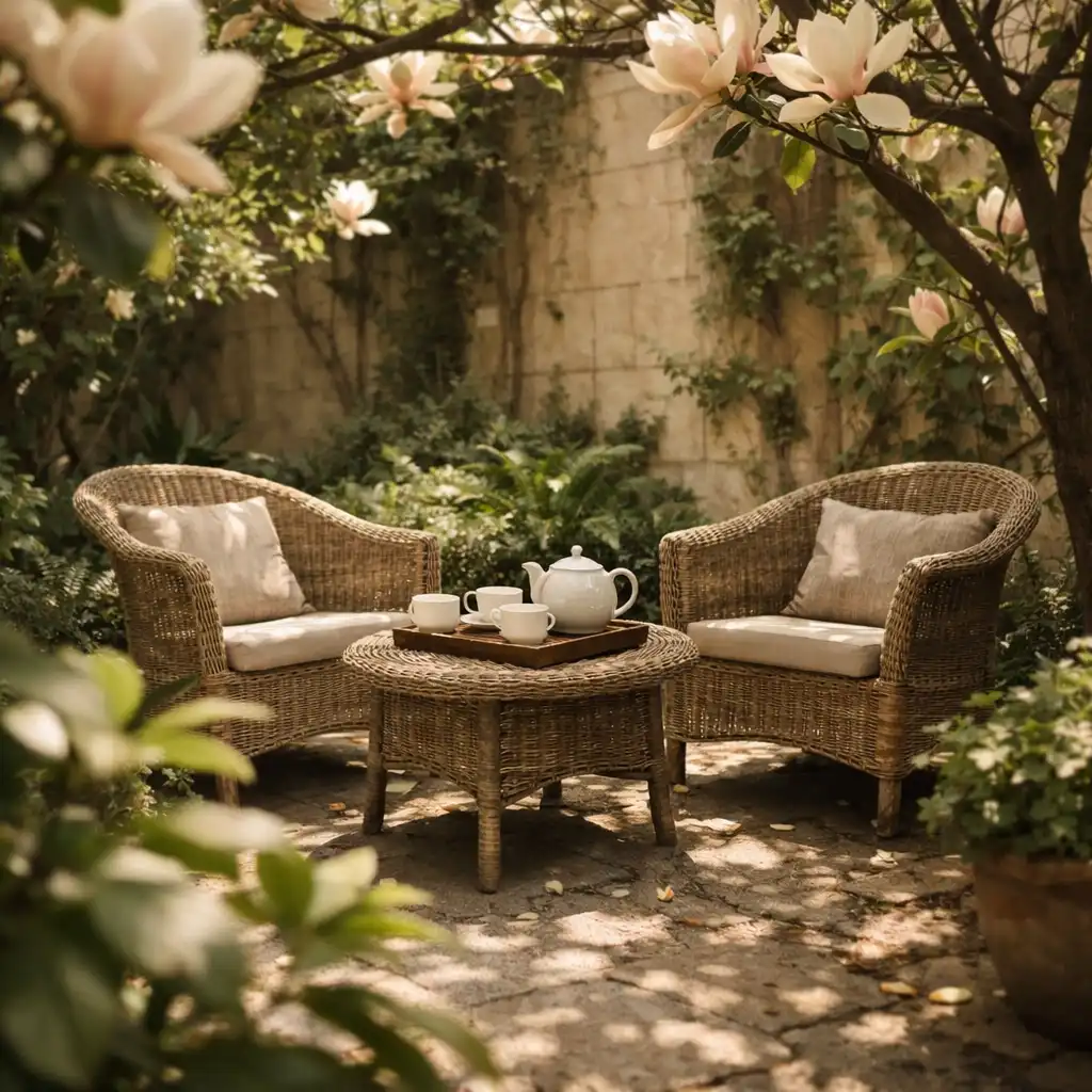 A sheltered corner of the garden with two wicker chairs and a small table, surrounded by magnolia trees.