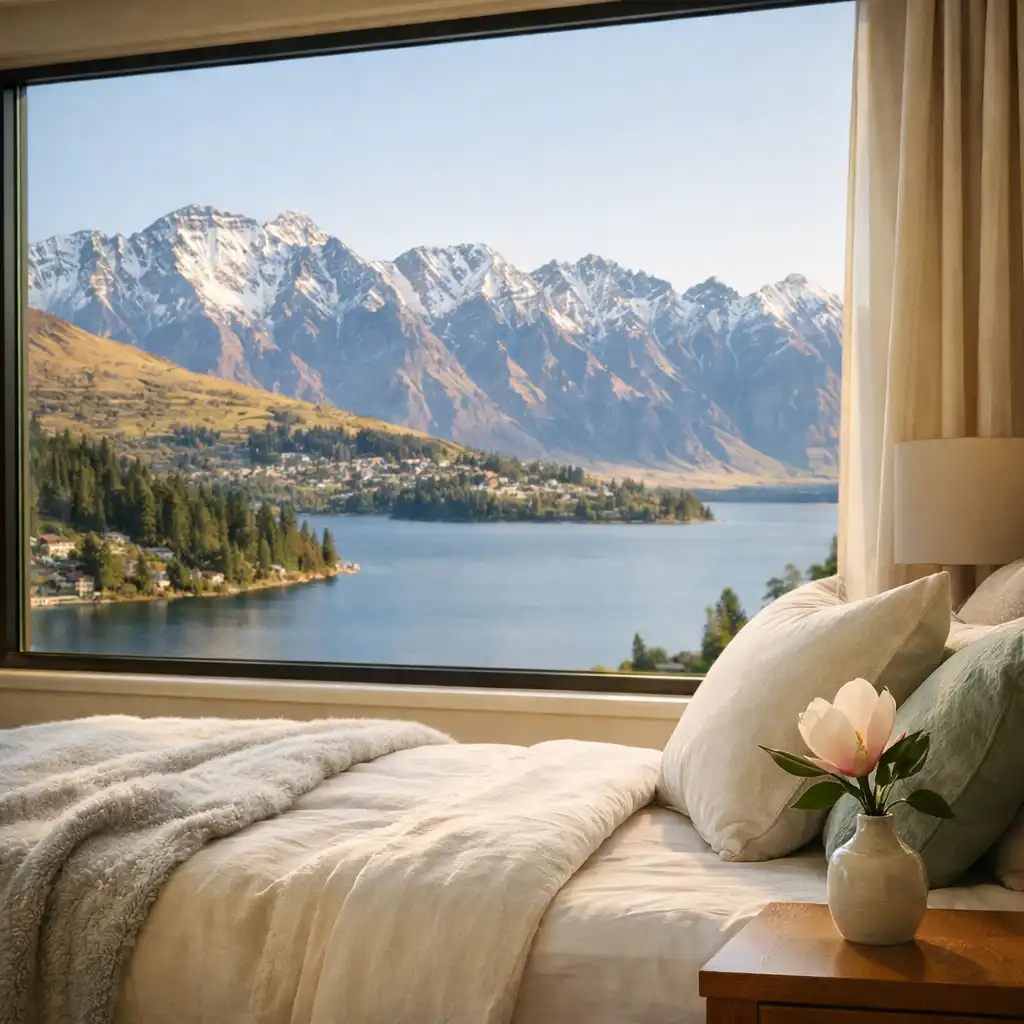 Serene hotel room with a large window overlooking the Remarkables mountain range