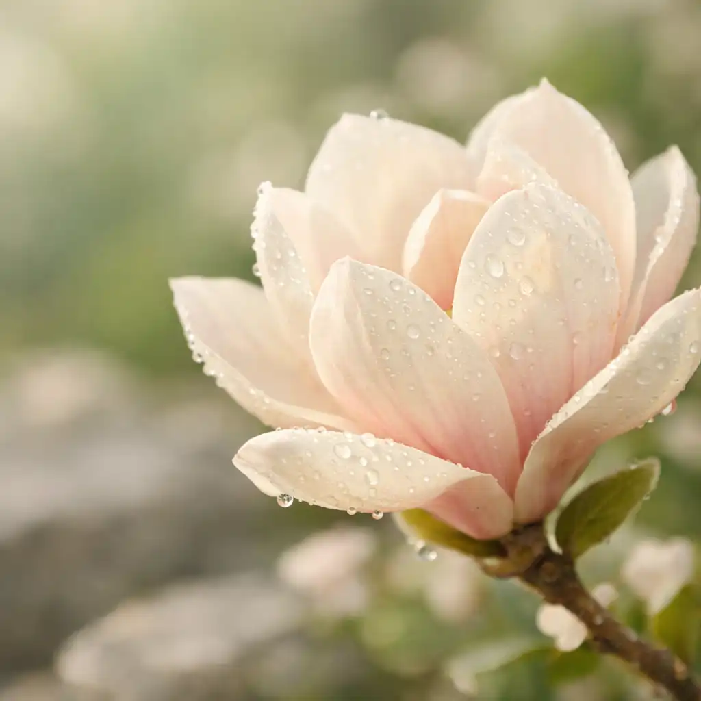 Close-up of a magnolia flower in soft morning light with dewdrops