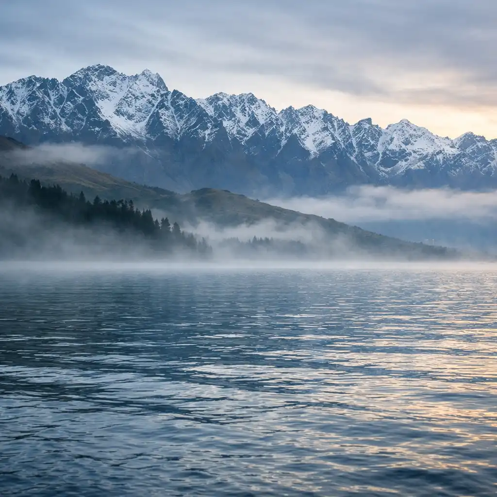 Early morning mist over Lake Wakatipu with the Remarkables rising in the distance