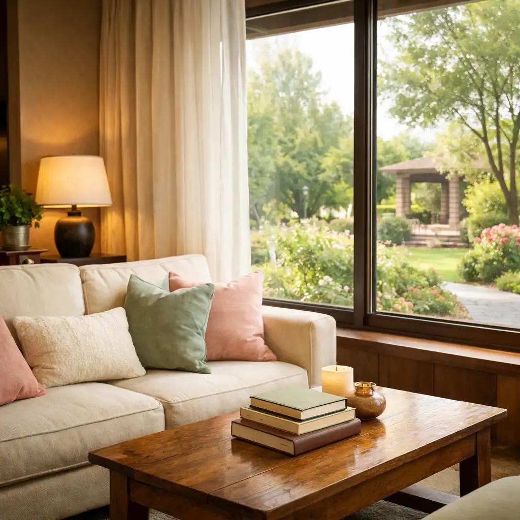 Cozy hotel lounge with a cream sofa, botanical accents, and a large window overlooking a garden