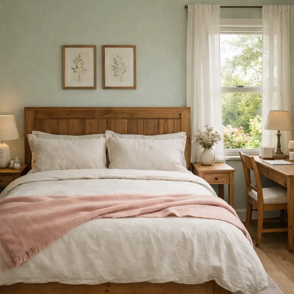 A quiet queen room with linen bedding, a timber headboard, and a view of the garden.