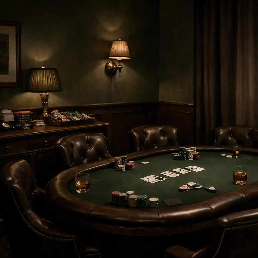 Elegant private lounge with a dark green felt poker table, leather chairs, and warm pendant lighting