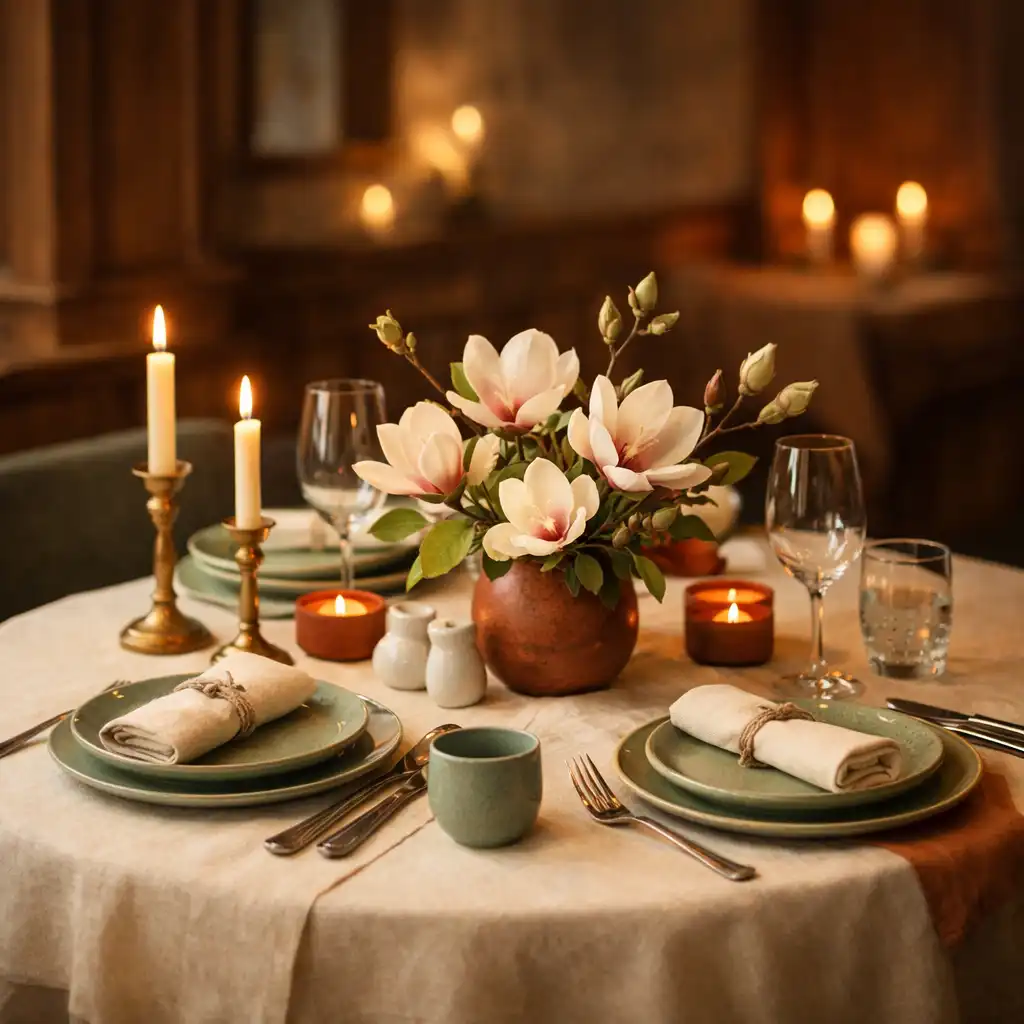 A softly lit private dining table set with cream linen, ceramic tableware, and a magnolia centrepiece