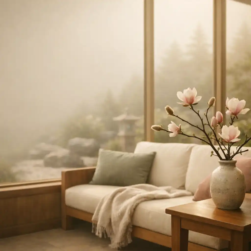 Early morning light falls across a serene hotel lounge, where a magnolia branch rests in a ceramic vase on a wooden side table.