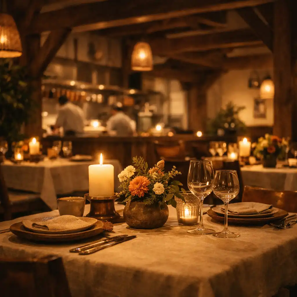 Candlelit tables set with linen and stoneware in the hotel restaurant, framed by timber beams and soft botanical accents.