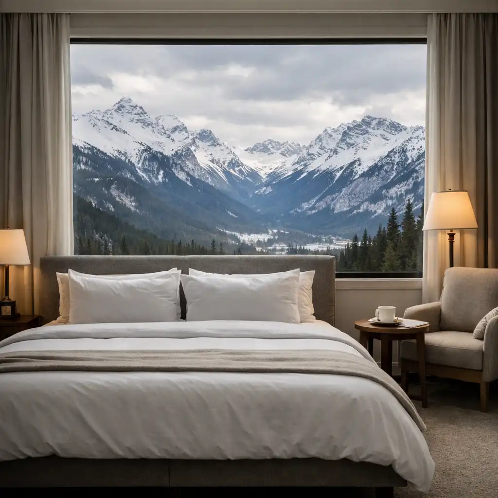 Alpine View Room with a king bed facing a large picture window showcasing dramatic snow-capped mountains
