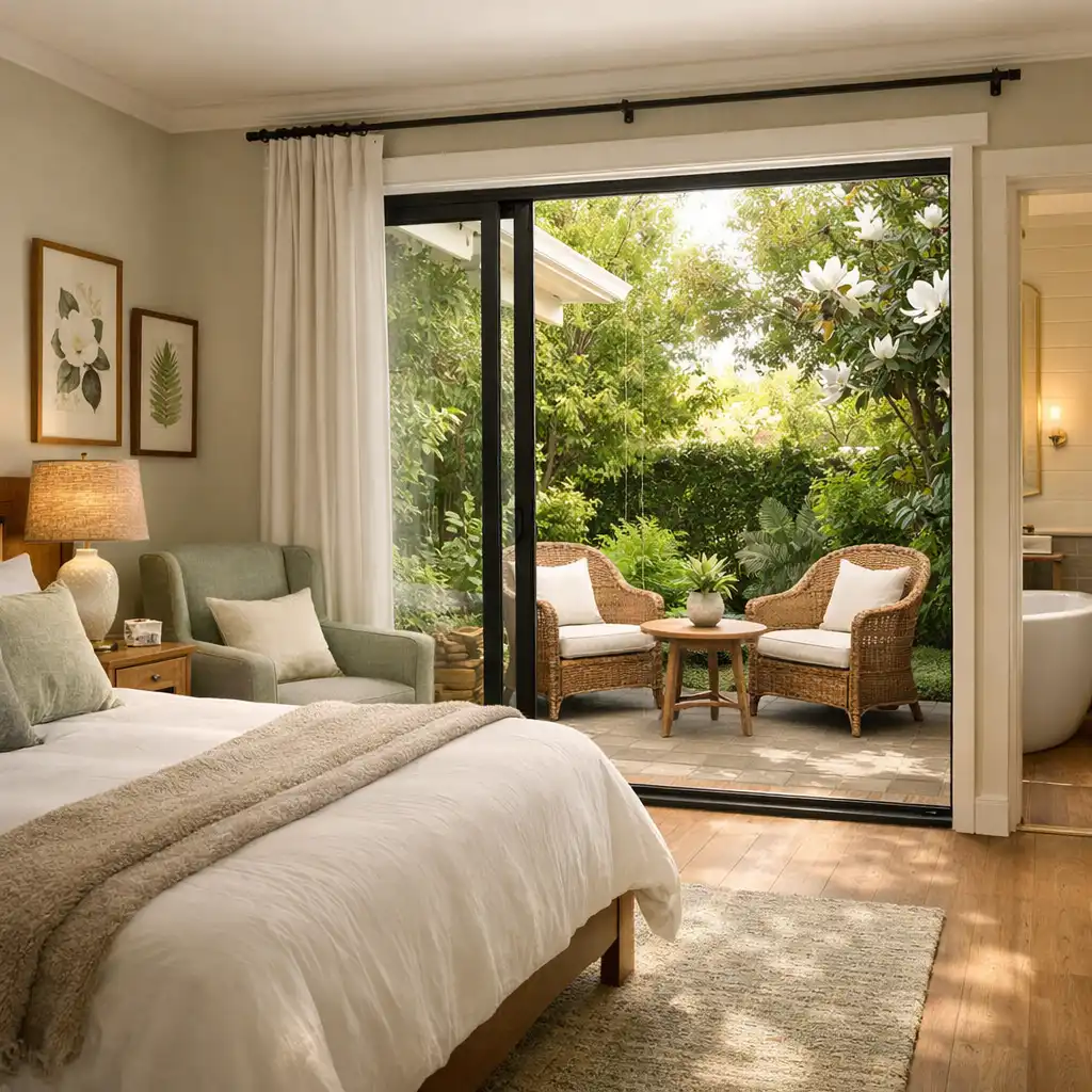 Garden King room with a king bed, sliding glass doors open to a private patio with wicker chairs and lush greenery