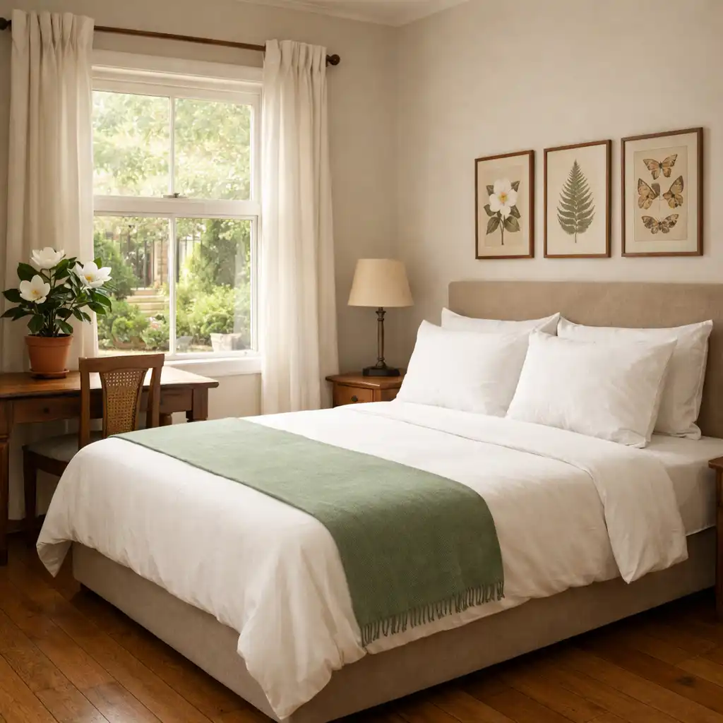 The Magnolia Room with a queen bed dressed in white linen, sage bed runner, writing desk, and a window overlooking a garden courtyard
