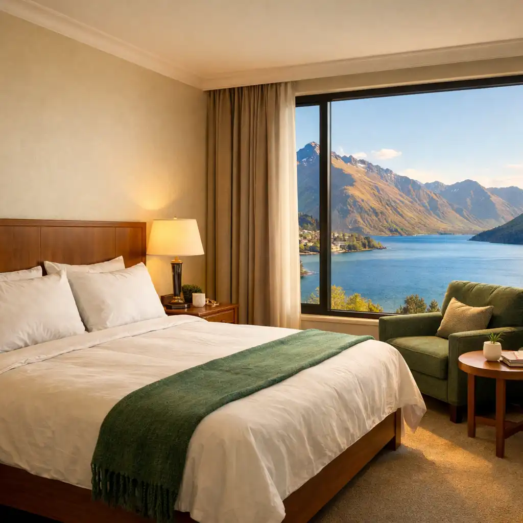 Hotel room interior with a large window showing a view of Lake Wakatipu and mountains