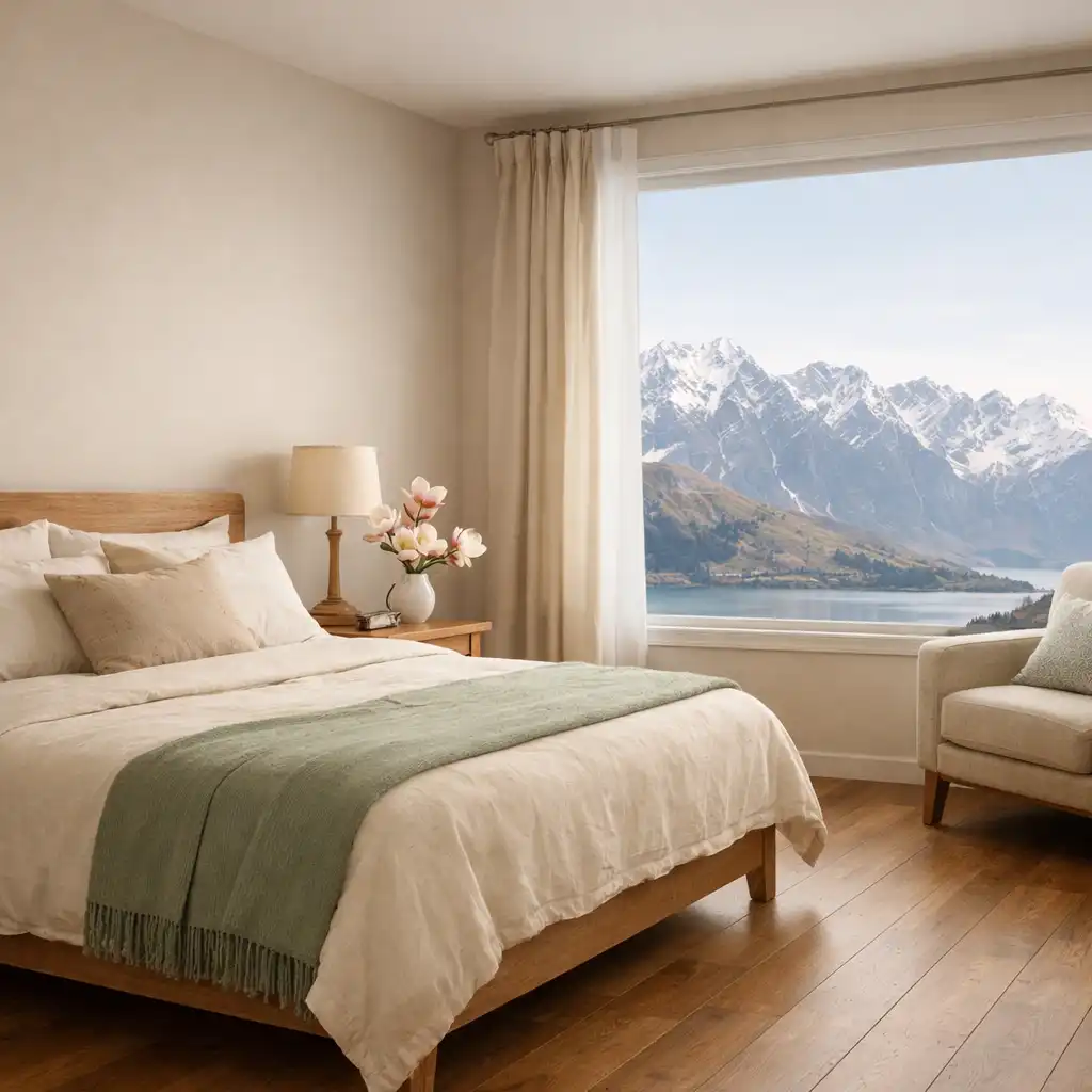 Serene hotel room at Magnolia Stay with a neatly made queen bed, sage throw, magnolia blooms, and a large window revealing snow-capped alpine peaks