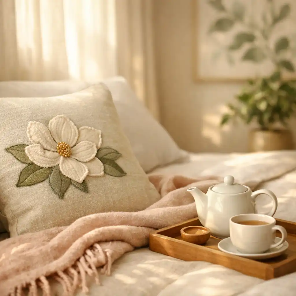 Close-up of a linen-dressed bed with a hand-stitched magnolia motif, blush wool throw, and a wooden tray with teapot and cup