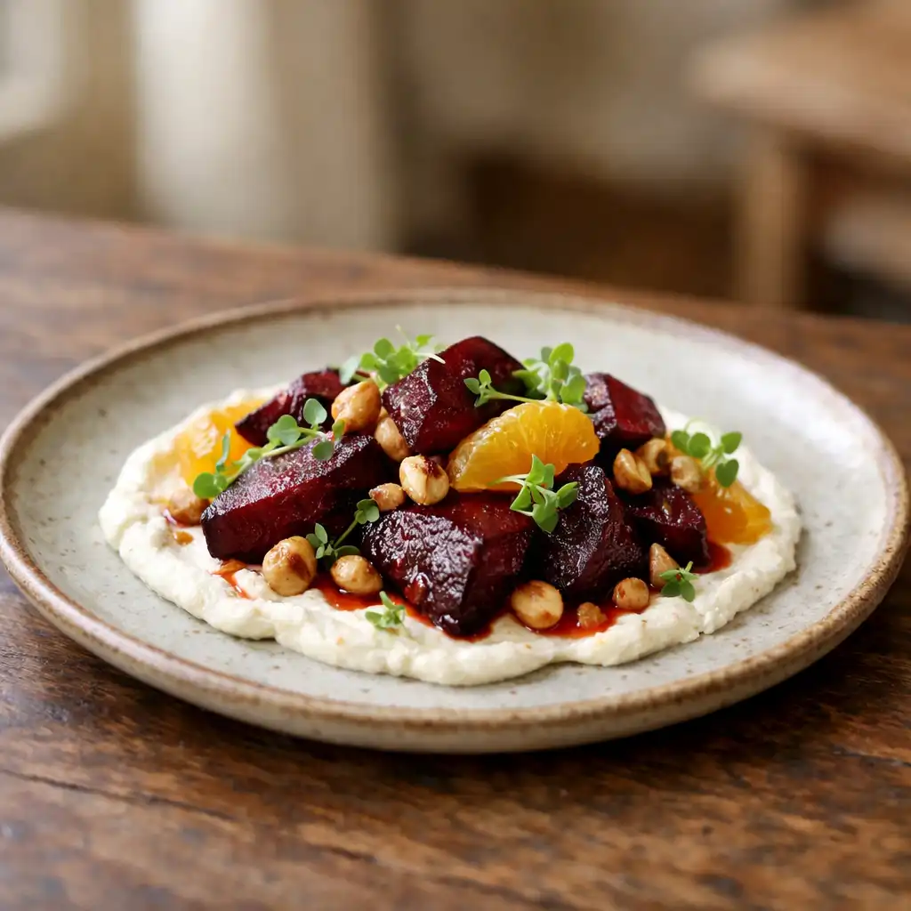 A seasonal dish of roasted beetroot, whipped ricotta, hazelnuts, and orange on a handmade ceramic plate