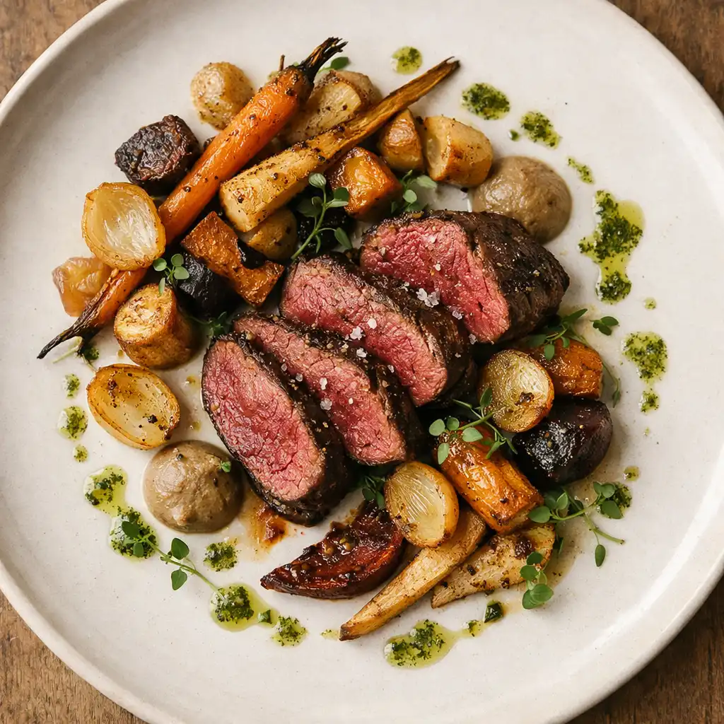 A close-up of a plated dish featuring locally sourced venison, root vegetables, and a delicate herb oil.