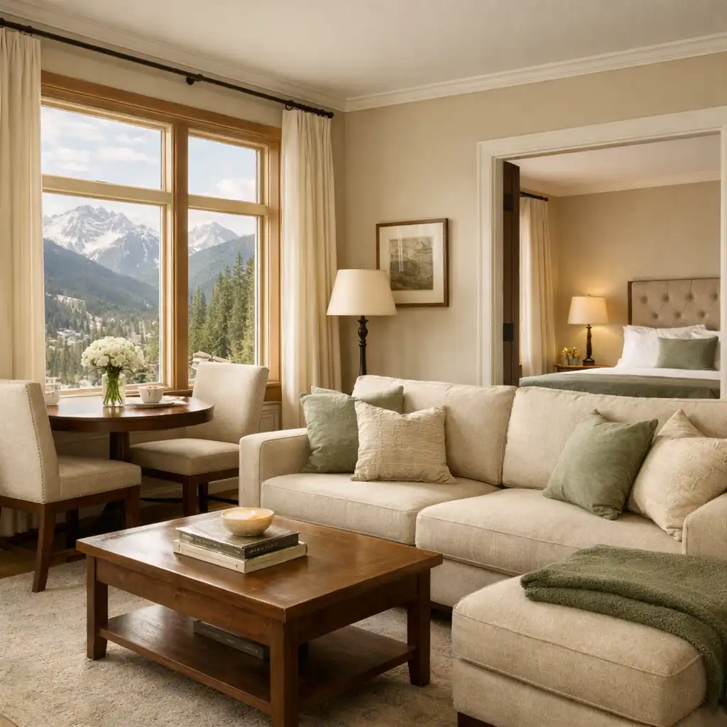 Corner Suite with a separate living area, sofa, dining nook, and large windows on two walls filling the space with light