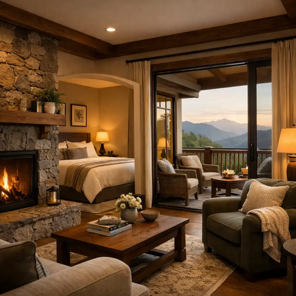 Magnolia Suite with a living room featuring a stone fireplace, deep-seated armchairs, private balcony with mountain views, and a super king bed